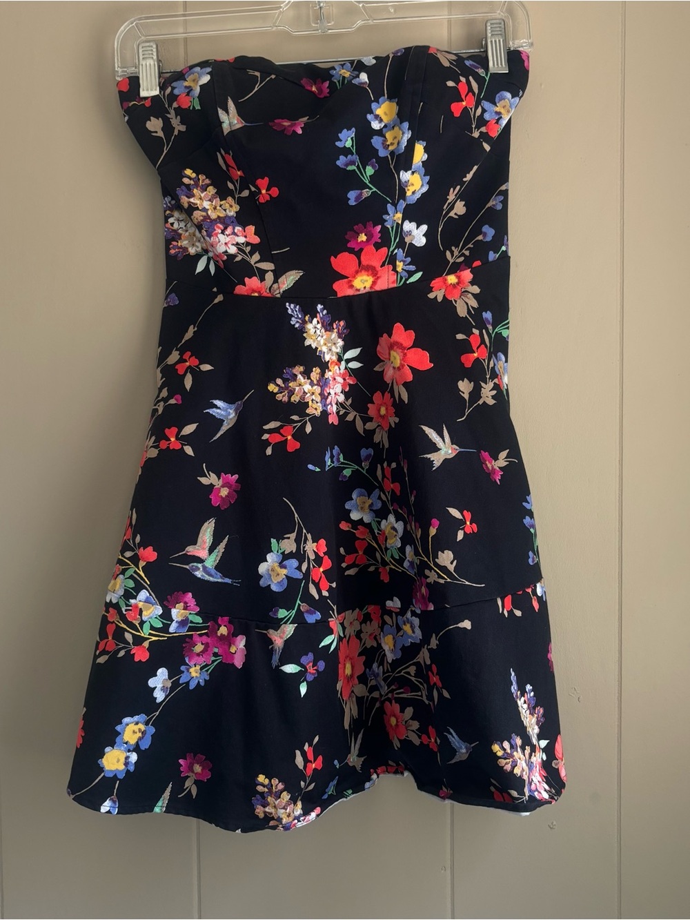 Express Black Strapless Floral & Hummingbird Print A-Line Mini Dress - Size 2